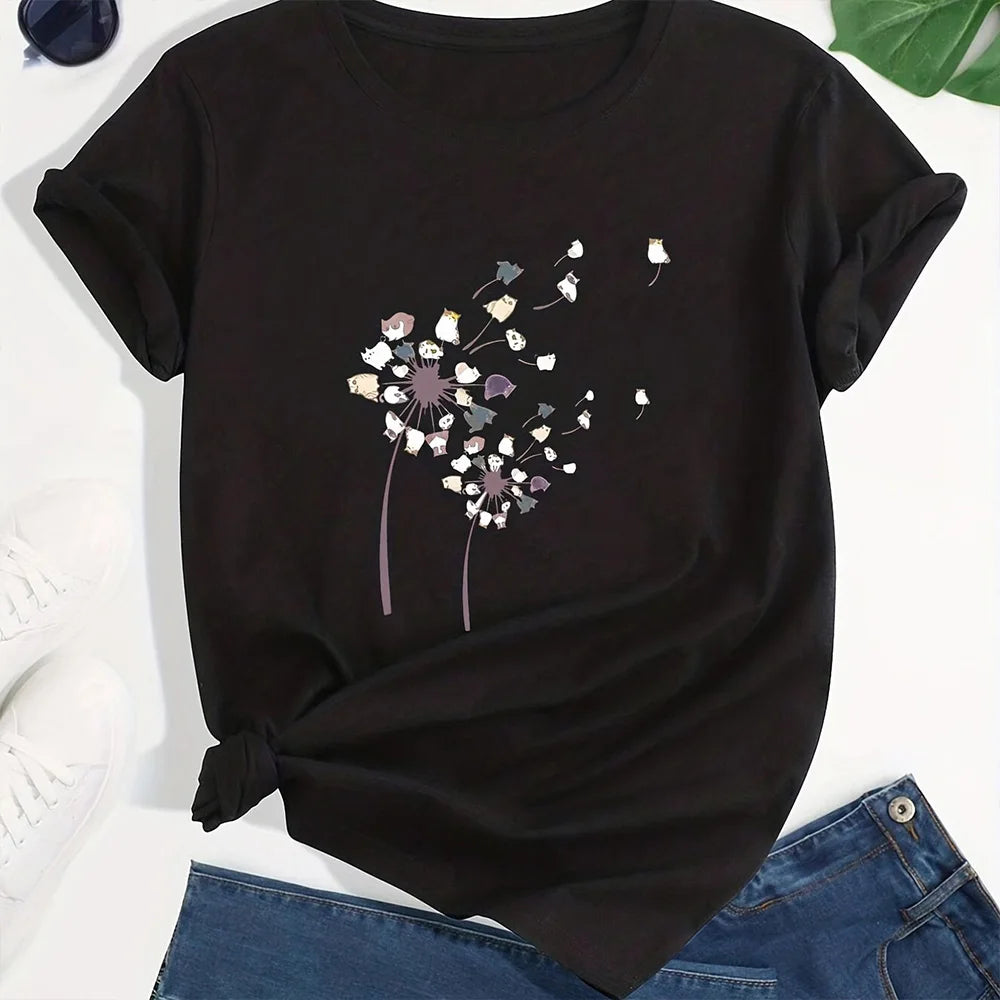 T-shirt Summer Fashion Short sleeved Top Flower Print Loose Clothing Women's Party T-shirt