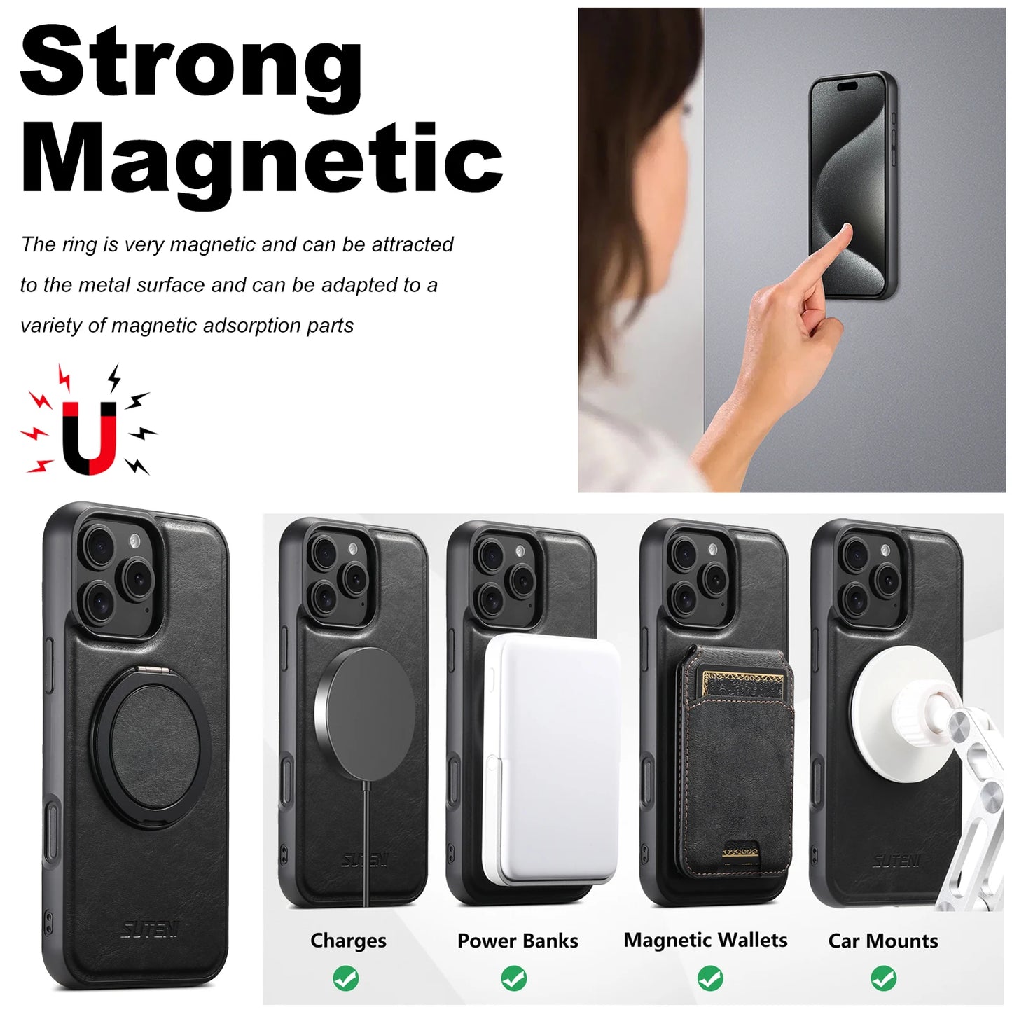 Strong Magnetic Compatible MagSafe Wireless Charging 360° Rotating Ring Stand PU Leather Phone Case For iPhone 17 16 15 14 13 12