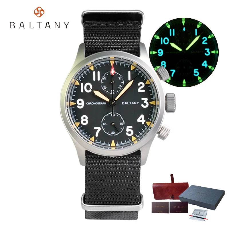 Baltany 2025 new military 39mm men's quartz chronograph VK61 sapphire stainless steel waterproof 10Bar luminous reloj hombre