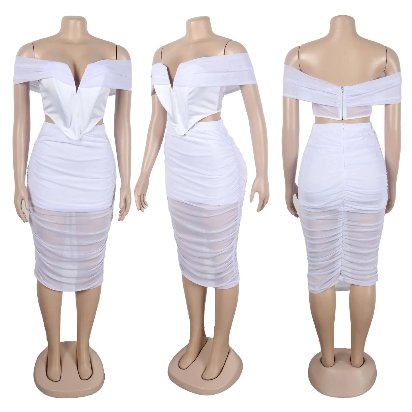 Slimming Mesh Splice Bum Covering Visibility Elastic Off-Shoulder 2-Piece Set European And American Style