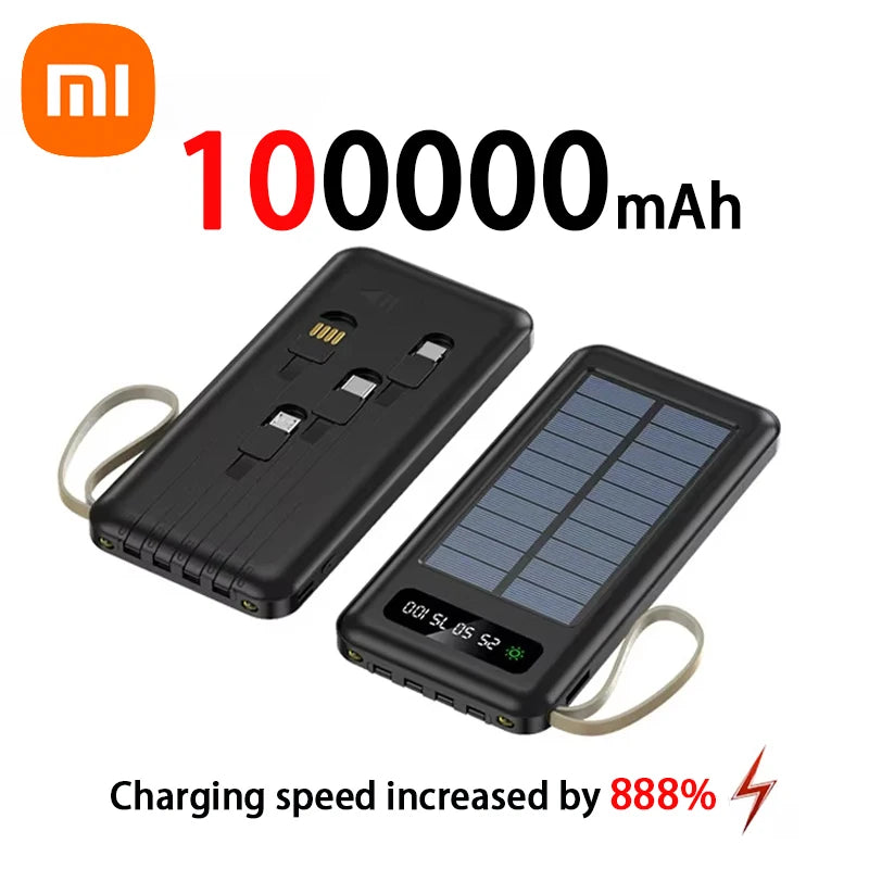200000mAh Solar Power Bank Large Capacity Mobile Power Fast Charging Battery With Dual USB 4 Cables For iPhone Samsung