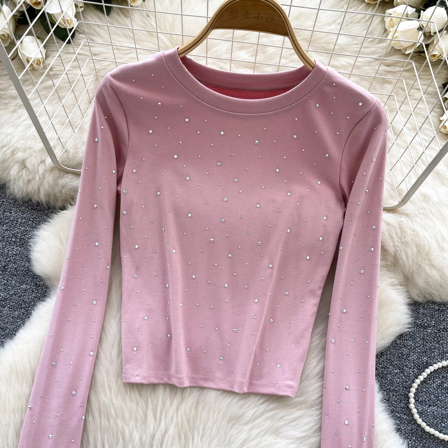 Long Sleeves Hotsweet O-neck Fashion Rhinestone Slim Top French Streetwear Sexy High Street Autumn Winter Women T-Shirts