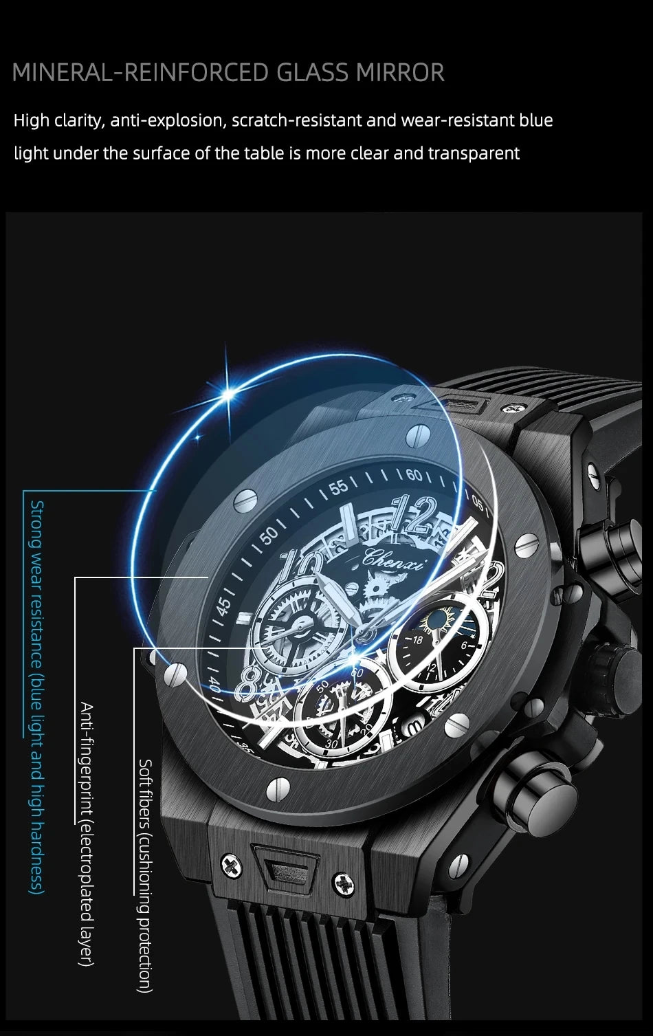 CHENXI Fashion Silicone Chronograph Watch Men Multifunctional Cool Luminous Quartz Starry Lunar Phases Timing Sport Wristwatches