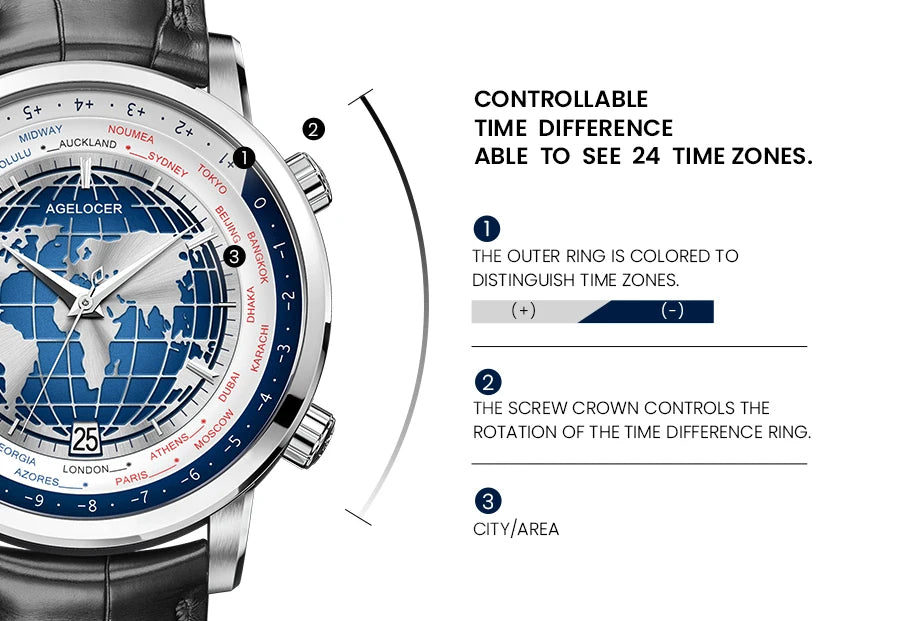 AGELOCER Original World Time Watch Men's Luxury Business Formal Automatic Mechanical Watch Birthday Gift for Men