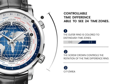 AGELOCER Original World Time Watch Men's Luxury Business Formal Automatic Mechanical Watch Birthday Gift for Men