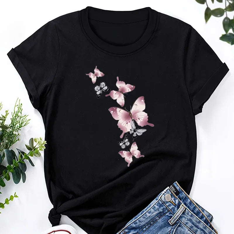 Fashion Butterfly Print Harajuku Female Harajuku Short Sleeve Casual Women's T-shirt Clothing Street Tops Tees Aesthetic Clothes