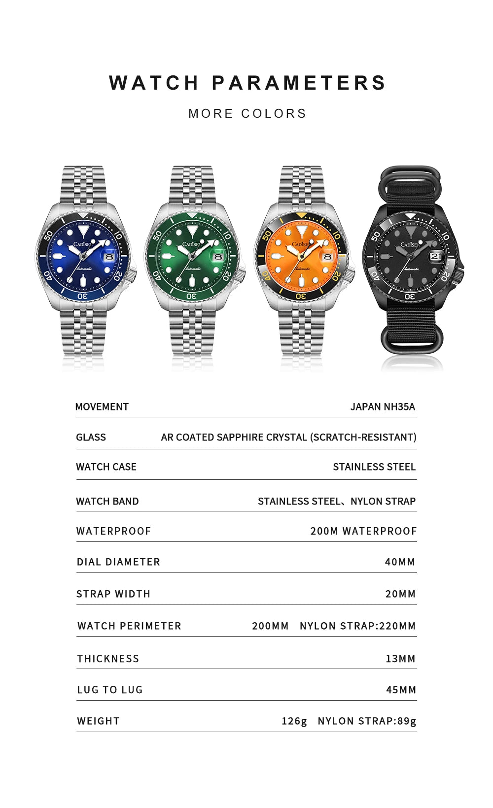 New CADISEN BGW9 Strong Glow Business Watch Diving Men's Automatic Watches Men Mechanical Wristwatch 200m Waterproof  Japan NH35