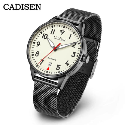 CADISEN Automatic Watch Men Luminous Stainless Steel Self-Wind Wristwatch NH35A Sapphire Waterproof Mesh Belt Mechanical Watch