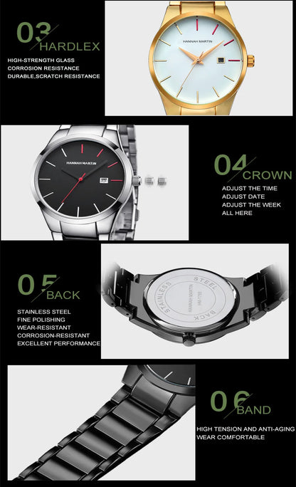 Hannah Martin Men's Stainless Steel Watch Fashion Business Style Black Minimalist Style 3Bar Waterproof Quartz Movement Watches