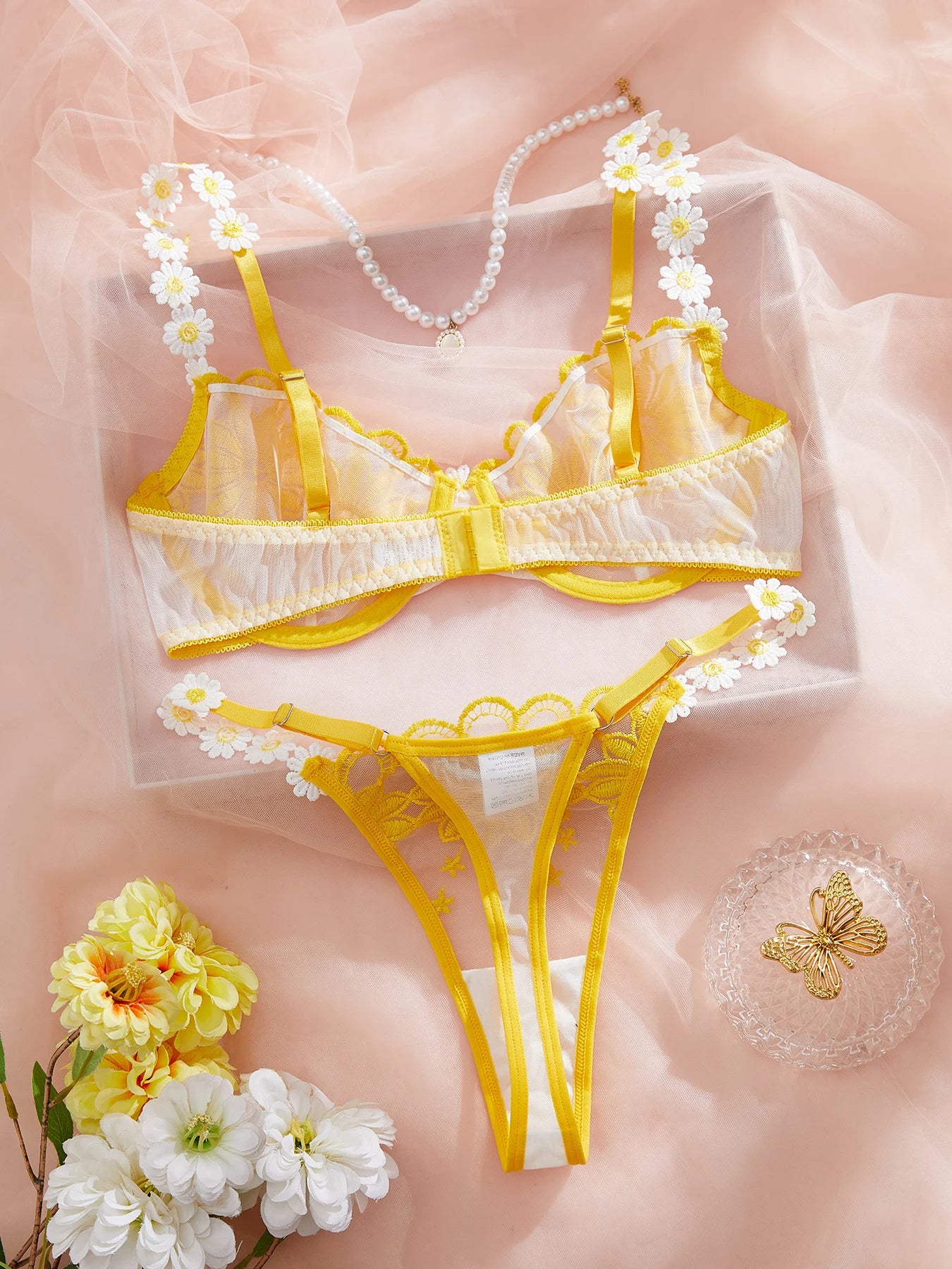 Lingerie beautiful yellow daisy summer semi transparent embroidered underwear, cute and sweet style, adjustable shou