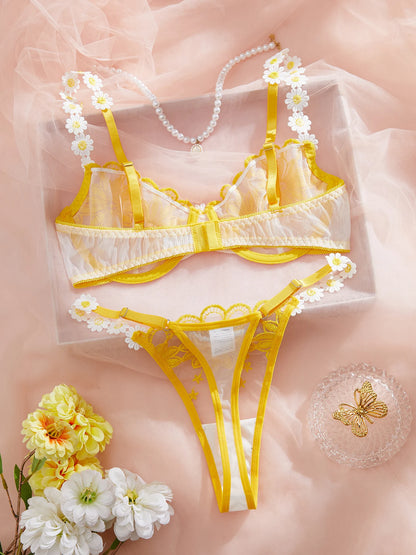Lingerie beautiful yellow daisy summer semi transparent embroidered underwear, cute and sweet style, adjustable shou