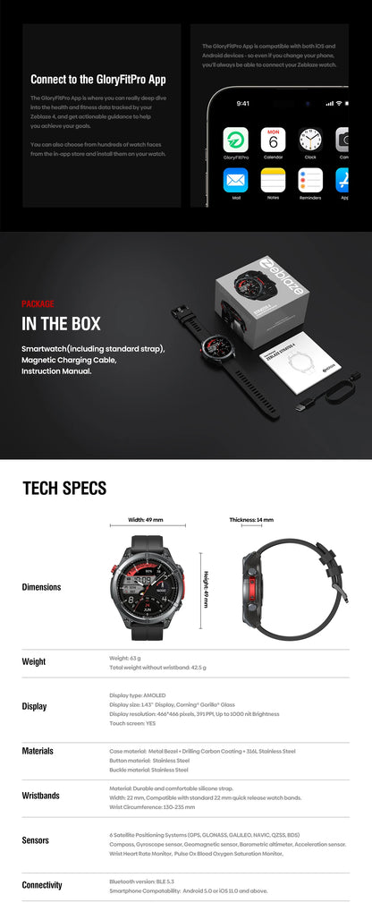 Zeblaze Stratos 4 GPS Smartwatch 1.43" AMOLED Screen Compass Barometric Altimeter Flashlight Voice Calling Smart Watch