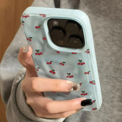Cute Cherry Folds Texture Phone Case For iPhone 17 16 15 14 13 12 11 Pro Max 16 15 Plus Candy Color Shockproof Soft Back Cover