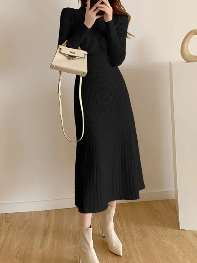 Slim Long Sleeve Party Midi Dress for Women Knitted Half High Collar Elegant Knitted Sweater Dresses Ladies
