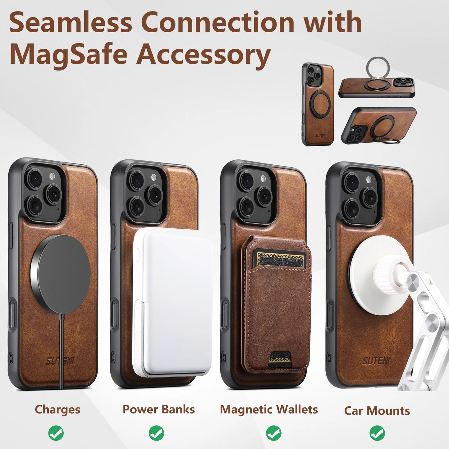 Strong Magnetic Compatible MagSafe Wireless Charging 360° Rotating Ring Stand PU Leather Phone Case For iPhone 17 16 15 14 13 12