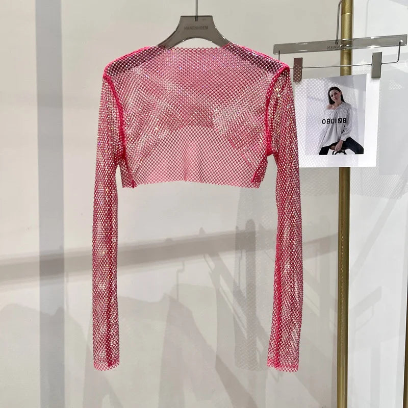 Bright diamond short top Slim thin Ms. hot drill long-sleeved T-shirt sexy leak waist nightclub