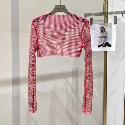 Bright diamond short top Slim thin Ms. hot drill long-sleeved T-shirt sexy leak waist nightclub