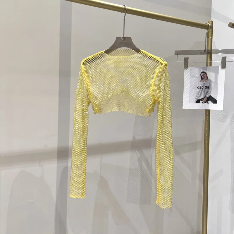 Bright diamond short top Slim thin Ms. hot drill long-sleeved T-shirt sexy leak waist nightclub