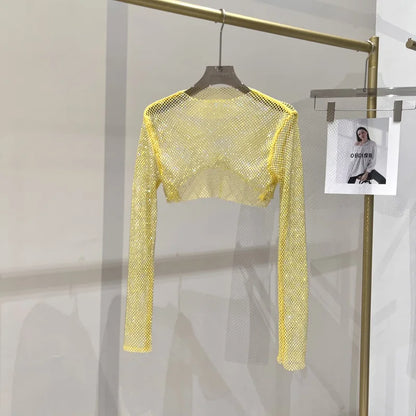 Bright diamond short top Slim thin Ms. hot drill long-sleeved T-shirt sexy leak waist nightclub