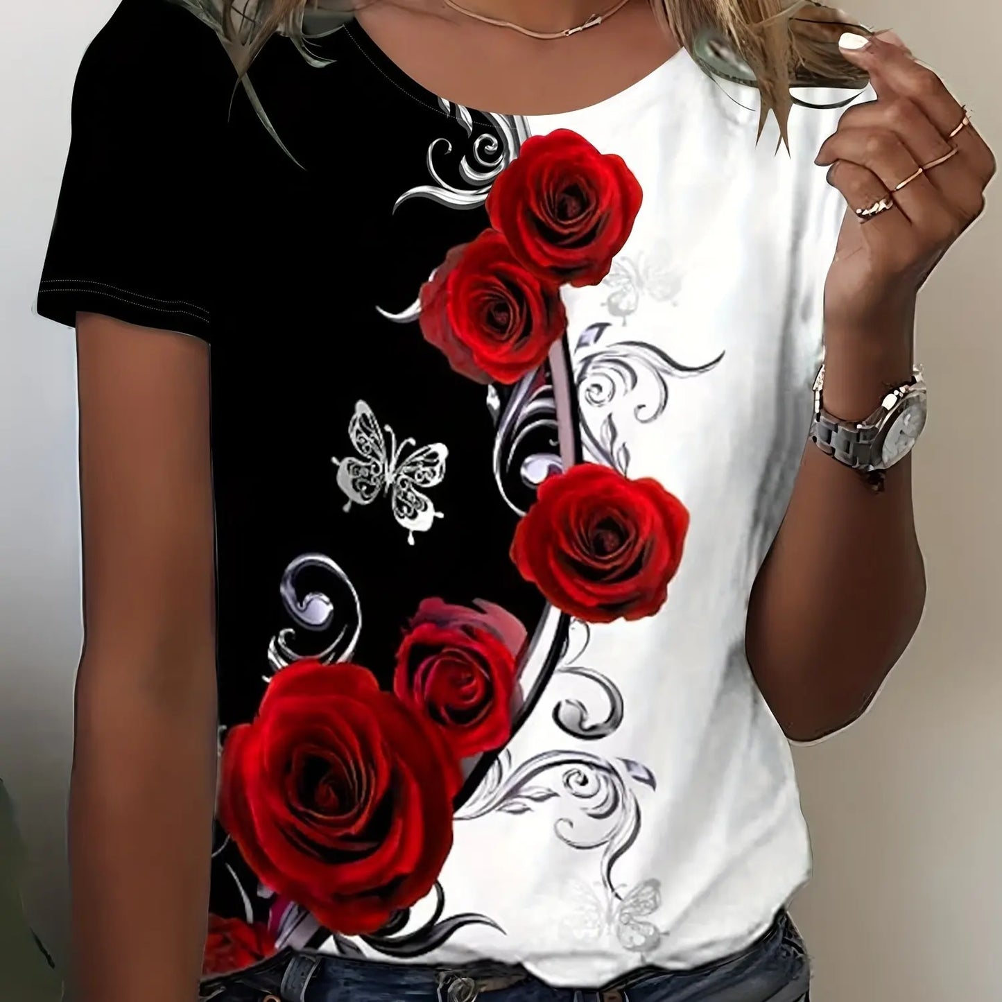 Colorful Rose Flower Print Round Neck Women's T-shirt Summer Versatile And Refreshing Y2K T-shirt