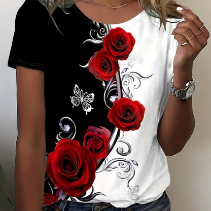 Colorful Rose Flower Print Round Neck Women's T-shirt Summer Versatile And Refreshing Y2K T-shirt