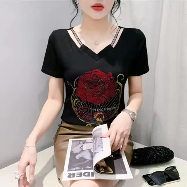 T-shirt For Summer Short Sleeve Pulovers Clothes Casual Aesthetic Cotton Tops Sexy V Neck Zipper Diamonds Tees