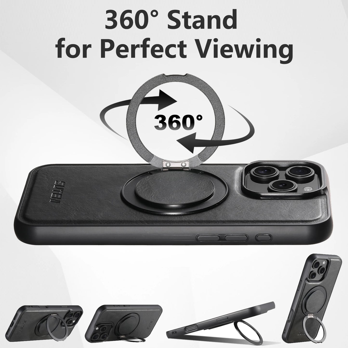 Strong Magnetic Compatible MagSafe Wireless Charging 360° Rotating Ring Stand PU Leather Phone Case For iPhone 17 16 15 14 13 12