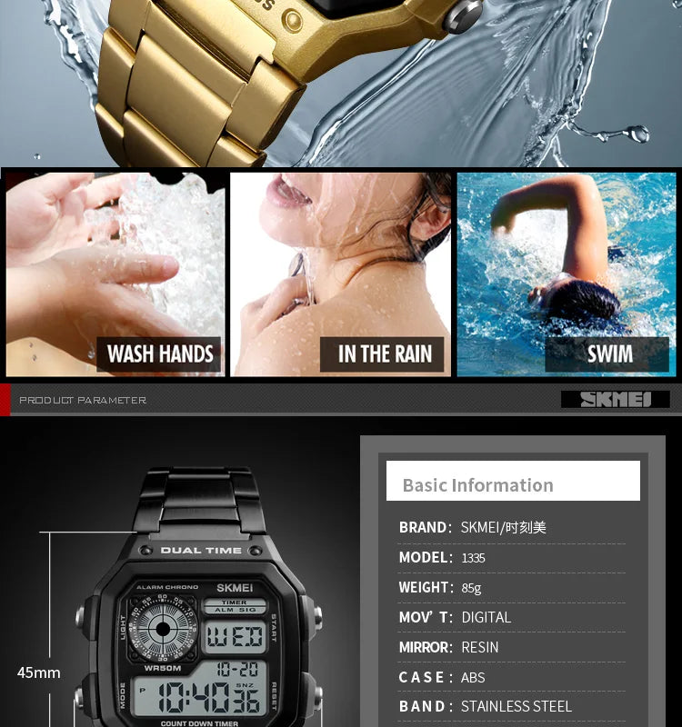 SKMEI 1335 Digital Watch for Men Retro Sports Waterproof Chrono Electronic Mens Wristwatches Stainless Steel Clock Reloj Hombre