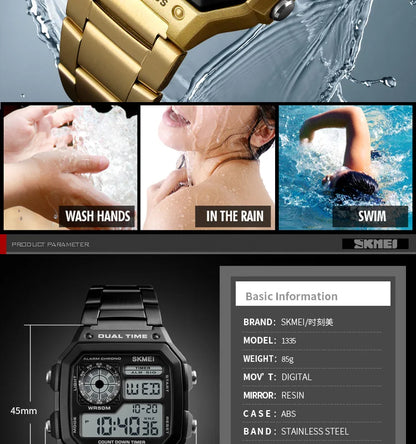 SKMEI 1335 Digital Watch for Men Retro Sports Waterproof Chrono Electronic Mens Wristwatches Stainless Steel Clock Reloj Hombre