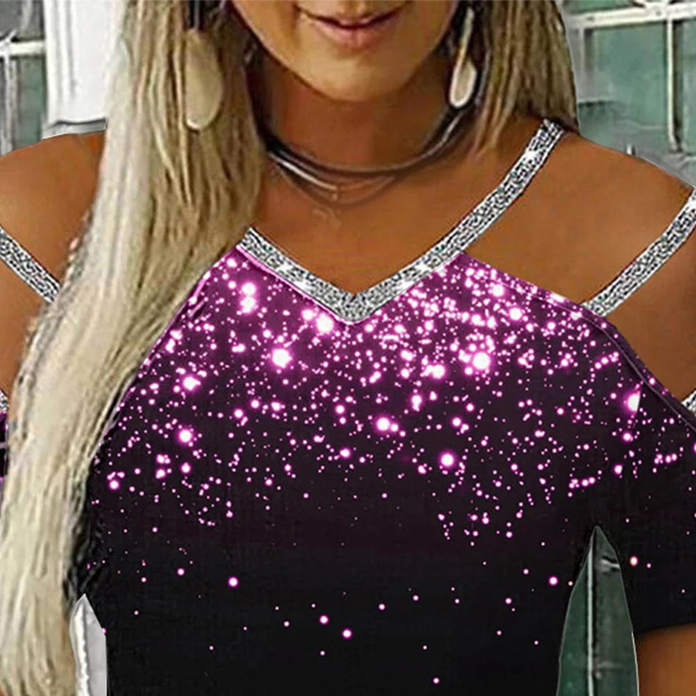 Women Glitter Short Sleeve V Neck T Shirt Ladies Casual Cold Shoulder Blouse Tops Clothing