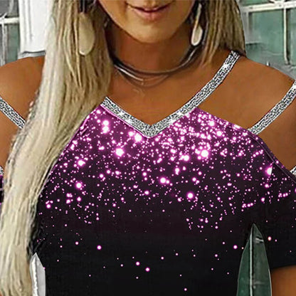 Women Glitter Short Sleeve V Neck T Shirt Ladies Casual Cold Shoulder Blouse Tops Clothing