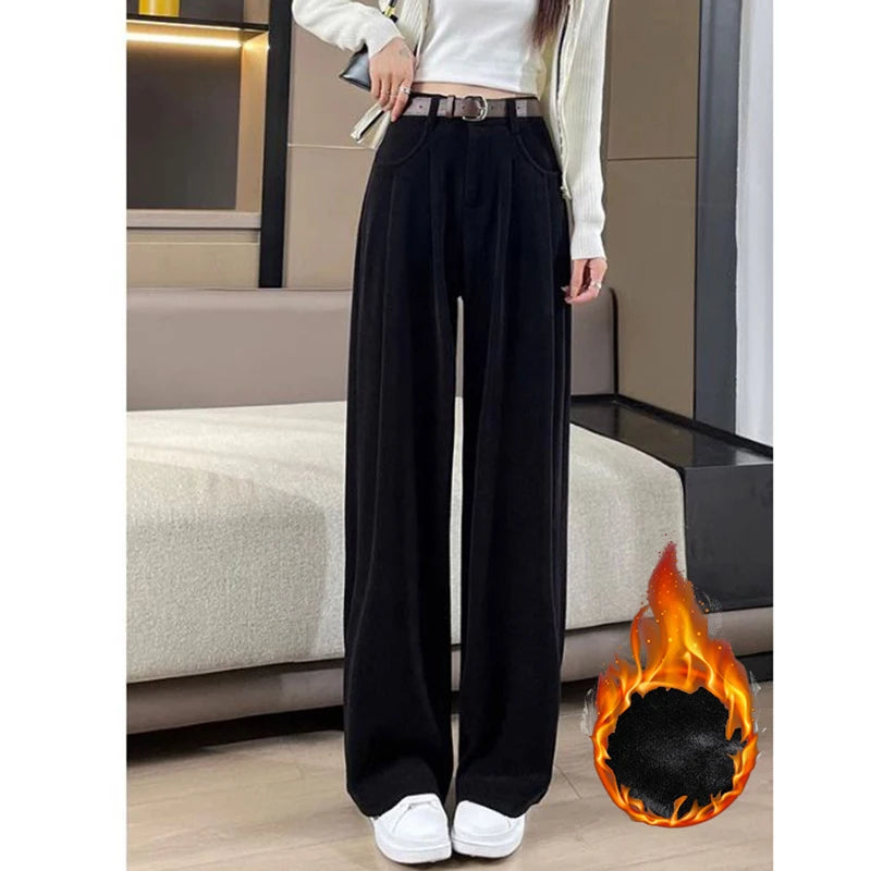 Winter Lady Snow Warm Pants Girls Classic Fleece High Waist Trousers Women Straight Leg Plush Thermal Casual Pants