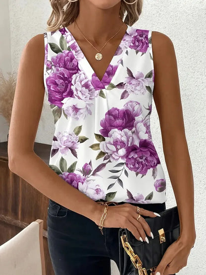 V-neck Vest New Fashion Plant Printed Sleeveless Top Pullover Simple Basic T-shirt