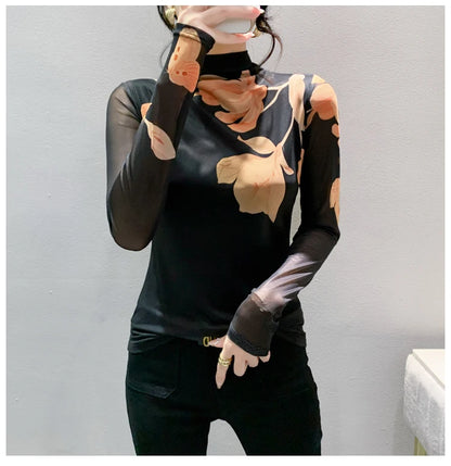 High Neck Long Sleeved Mesh Positioning Printed T-shirt Women Autumn Stretch Slim T Shirts Tops Female Base Tees HF8779