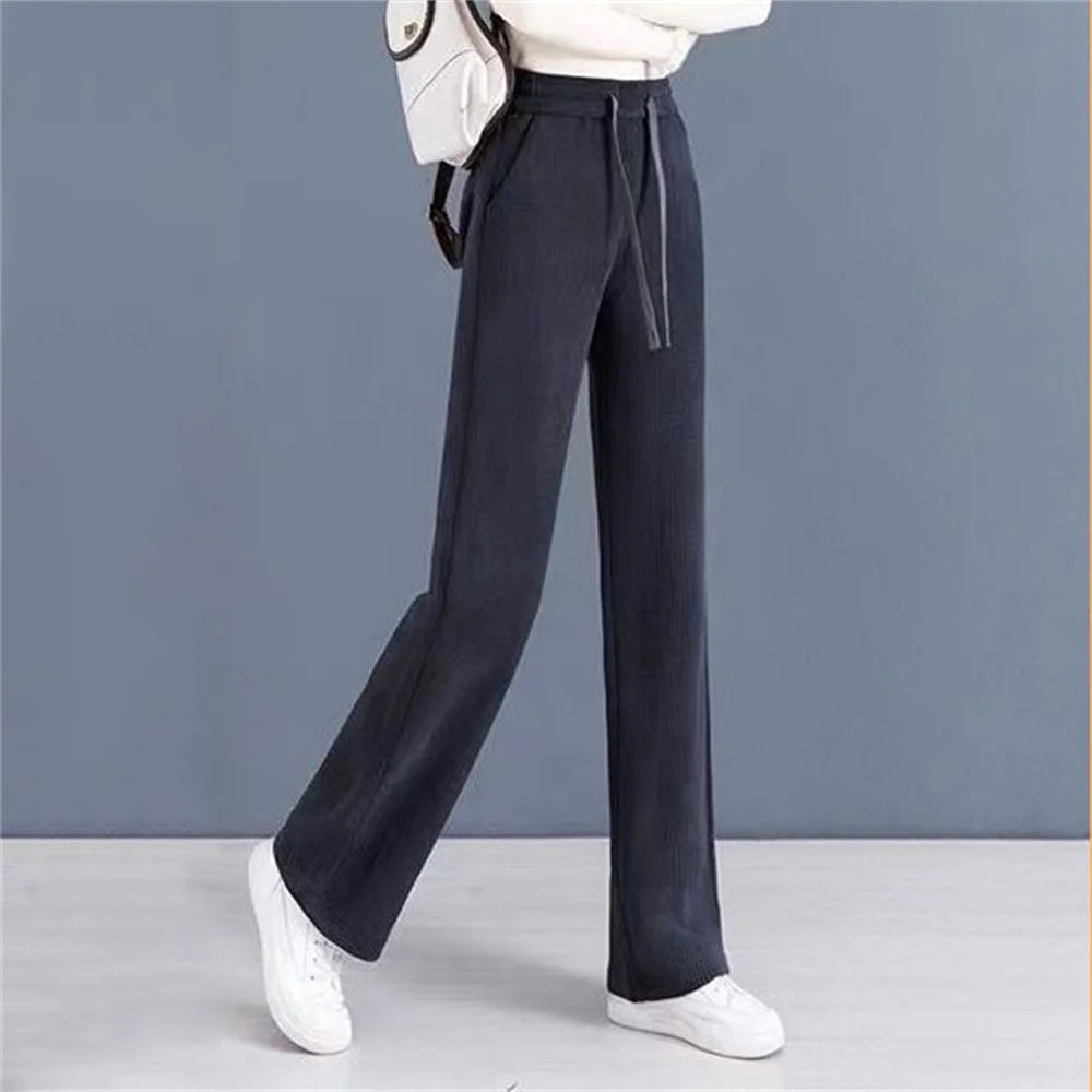 Elastic Waist Loose Casual Wide Leg Corduroy Pants Female Add Velvet Fashion All-match Trousers Women's Clothing