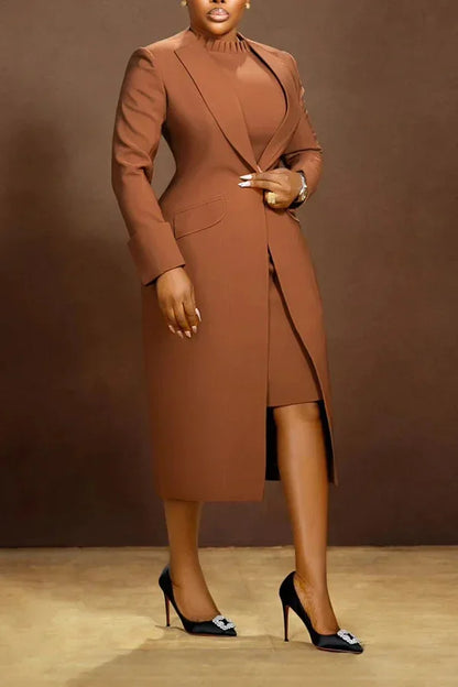 Elegant Office Lady Blazer Two Piece Sets Women Lapel Long Sleeve Coat And Slim Dress Outfit Female Clothing