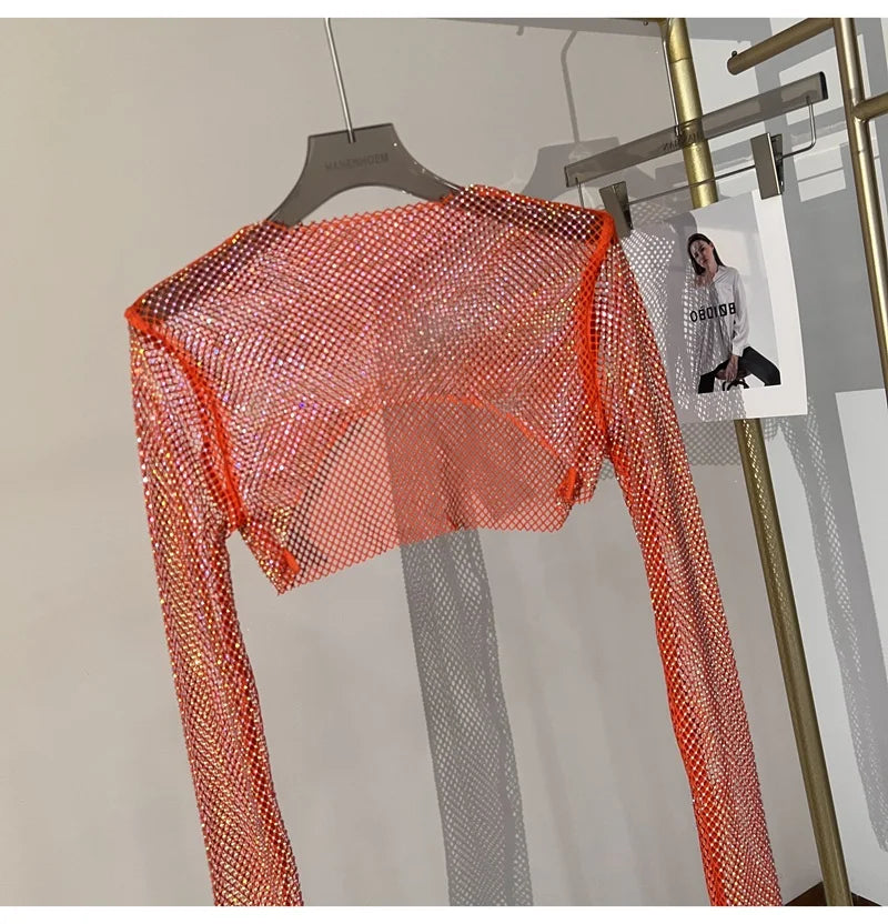 Bright diamond short top Slim thin Ms. hot drill long-sleeved T-shirt sexy leak waist nightclub