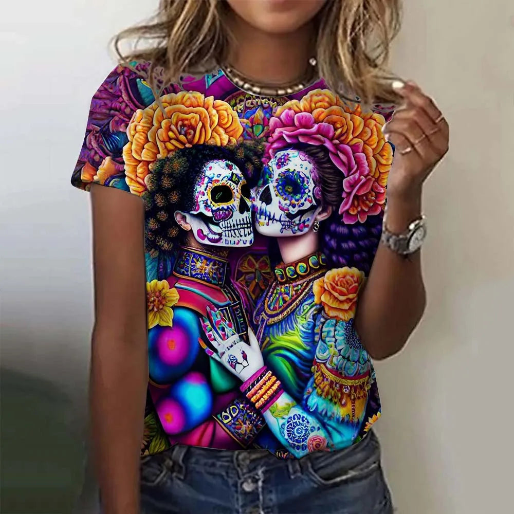 T-shirt for Girls Summer Short Sleeve Casual Sexy Girls Clothes Horror Undead Skull Pattern oversized T-shirts