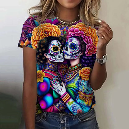 T-shirt for Girls Summer Short Sleeve Casual Sexy Girls Clothes Horror Undead Skull Pattern oversized T-shirts