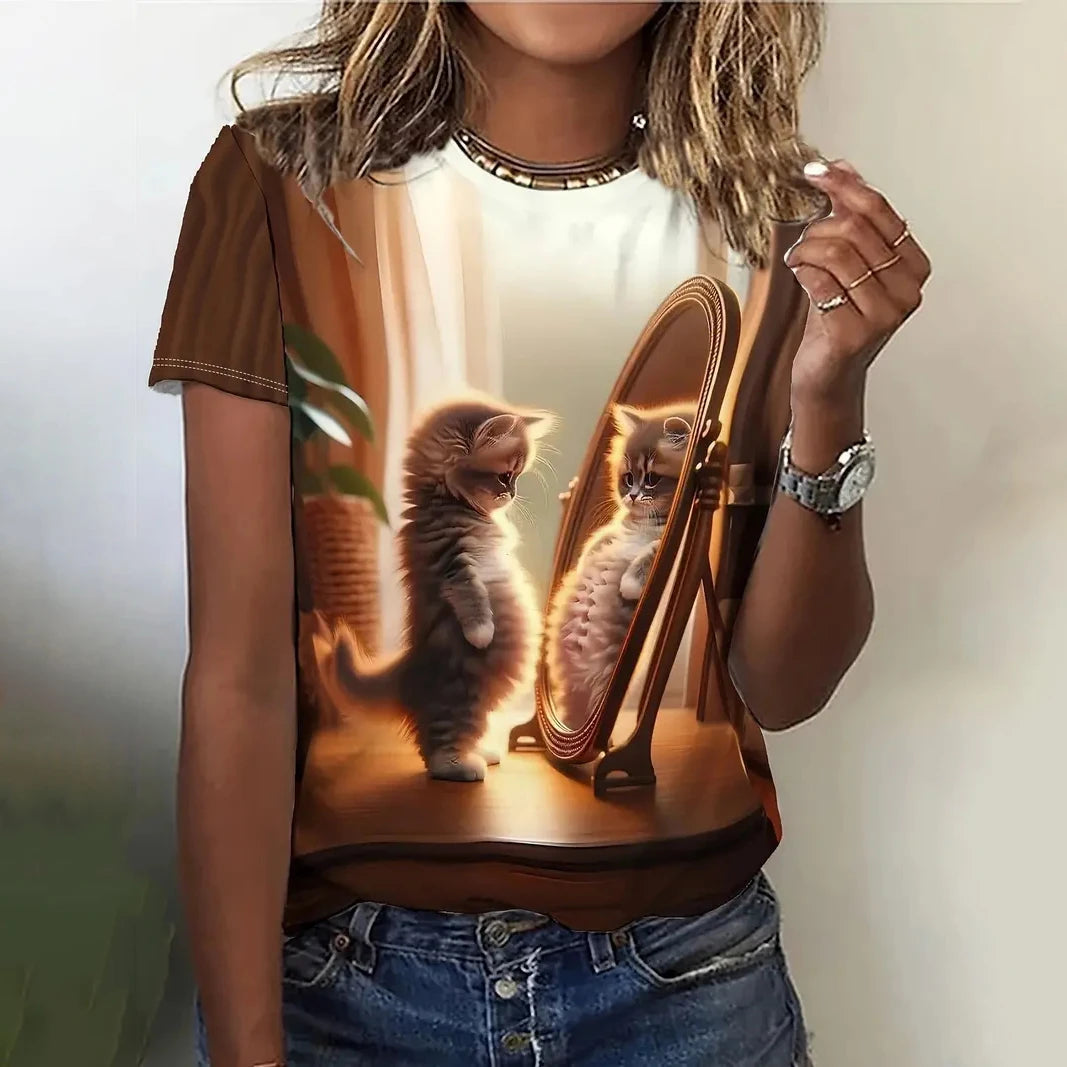 T Shirt Cartoon Animal Print T Shirt Casual O-Neck Short Sleeve Streer Female Summer Loose Tee Tops Y2k Clothing Camisa