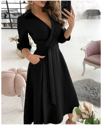 Office Ruched Dress Long-sleeved V-neck Red Black Blue Bag Hip Dress Women's Clothing Dress for Women