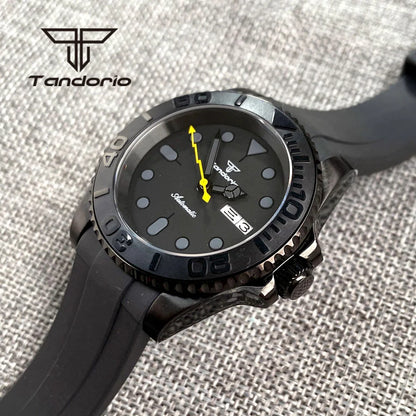 Tandorio NH36A Black PVD 40mm Automatic Men's Watch Week Date Display Rotating Bezel Sapphire Glass Yellow Flash Second Rubber