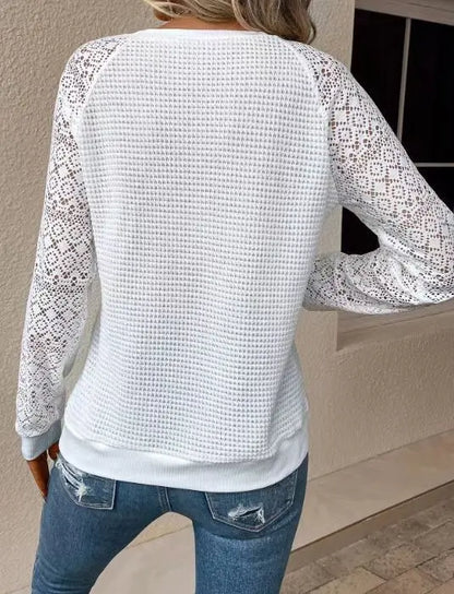 Solid Color Lace Long Sleeve Hollow Neck Casual Women's T-Shirt Top