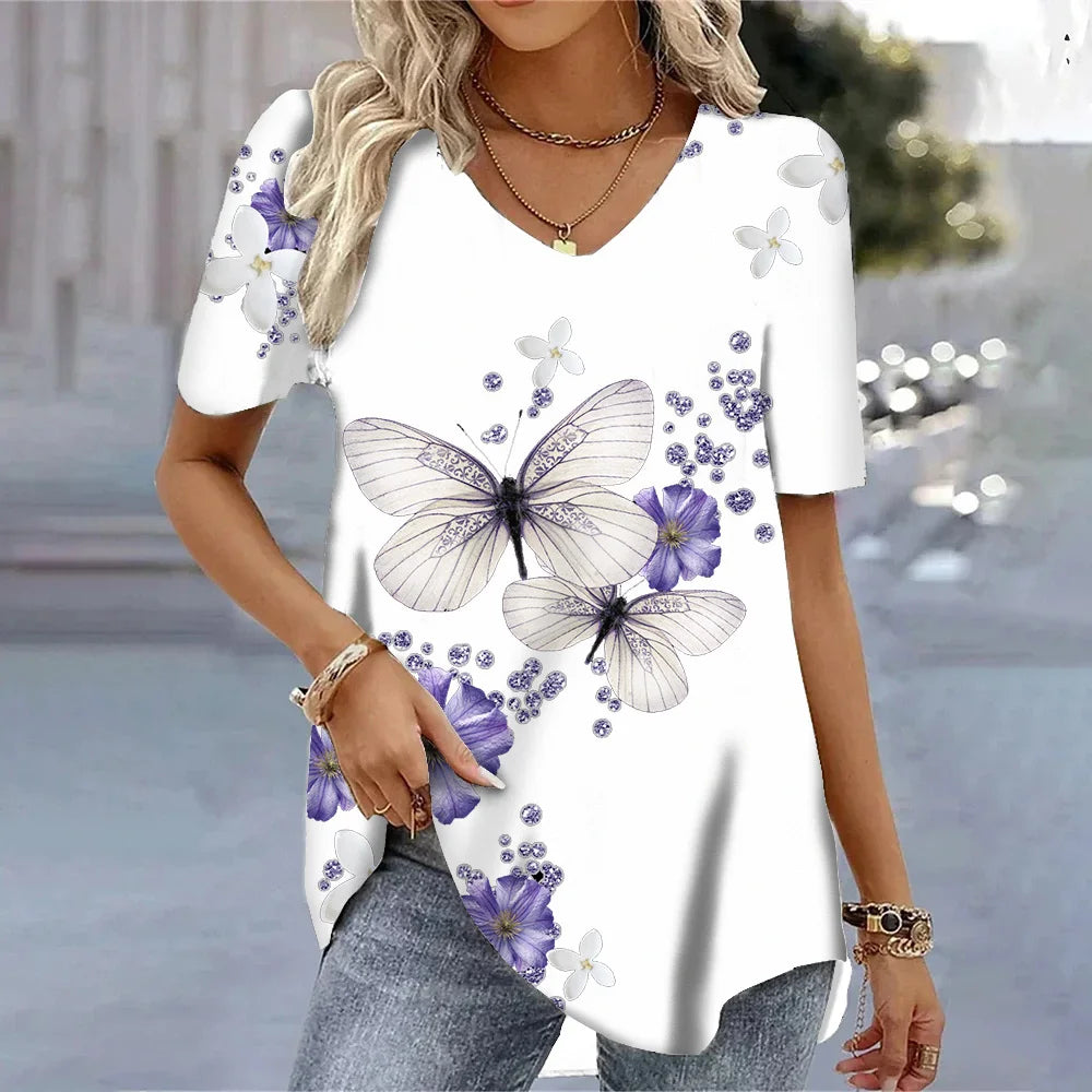 Butterfly Printed Short Sleeve T-shirt Korean Style Women's Clothes 2024 V-neck Short Sleeves Tees Shirt Loose Casual Blouses