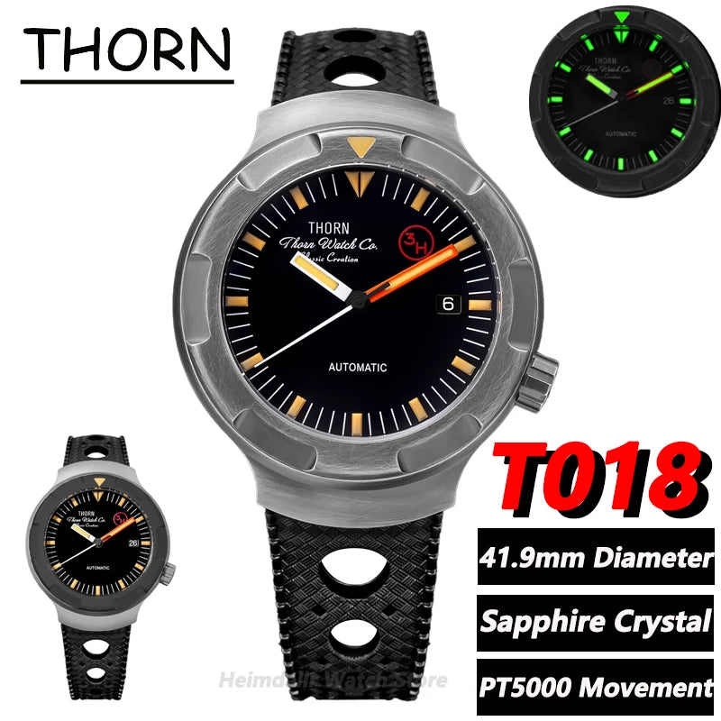 New Thorn Watch T018 PT5000 Movement Sapphire Waterproof Luminous Fluororubber Strap Men's Watches Salutes Classic