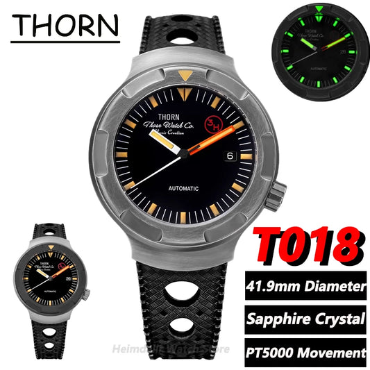 New Thorn Watch T018 PT5000 Movement Sapphire Waterproof Luminous Fluororubber Strap Men's Watches Salutes Classic