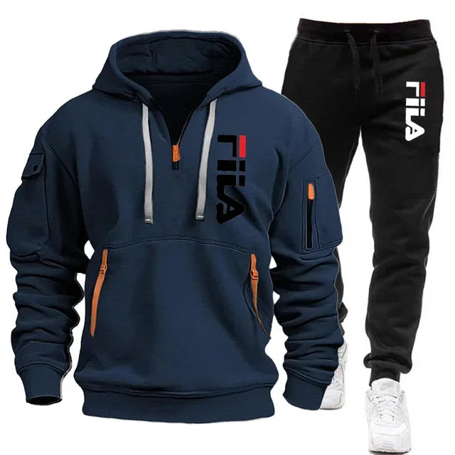 Autumn and Winter 2025 new men's hooded sweatshirt + pants two-piece set, outdoor multi-pocket men's pullover sportswear set