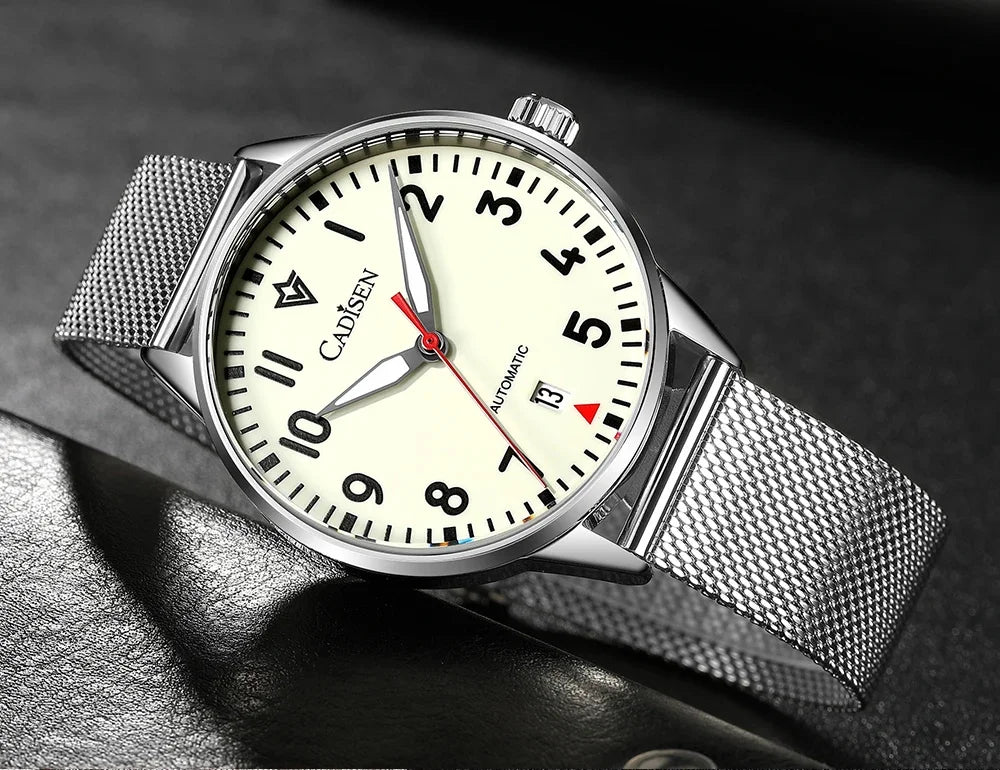 CADISEN Automatic Watch Men Luminous Stainless Steel Self-Wind Wristwatch NH35A Sapphire Waterproof Mesh Belt Mechanical Watch