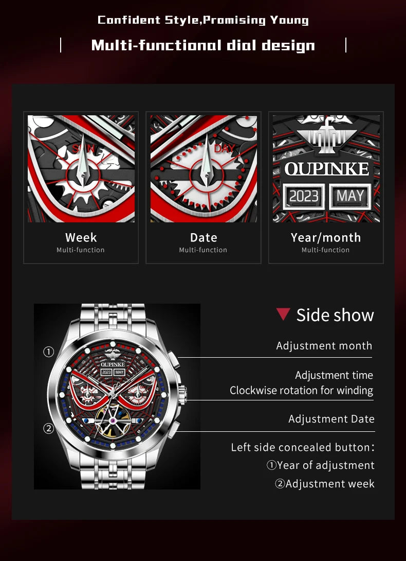 OUPINKE 3250 Original Men's Watch Deep Waterproof 3D Skeleton Stainless steel Automatic Mechanical Wristwatch Men Official Watch