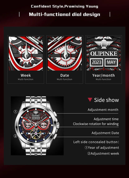 OUPINKE 3250 Original Men's Watch Deep Waterproof 3D Skeleton Stainless steel Automatic Mechanical Wristwatch Men Official Watch